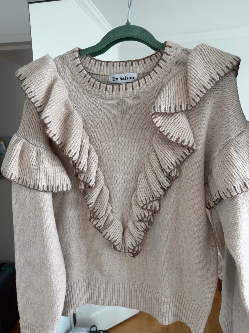 En Saison Beige Ruffle Trim Crewneck Sweater